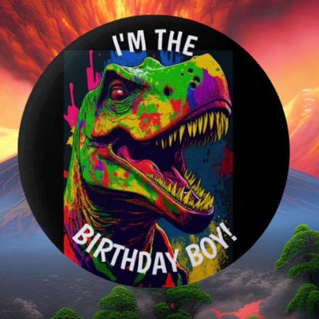 Dino Happy T Rex BIRTHDAY Boy 6 Cm Round Badge (Bring your dream party to life with our selection of quality Dinosaur themed party supplies)
