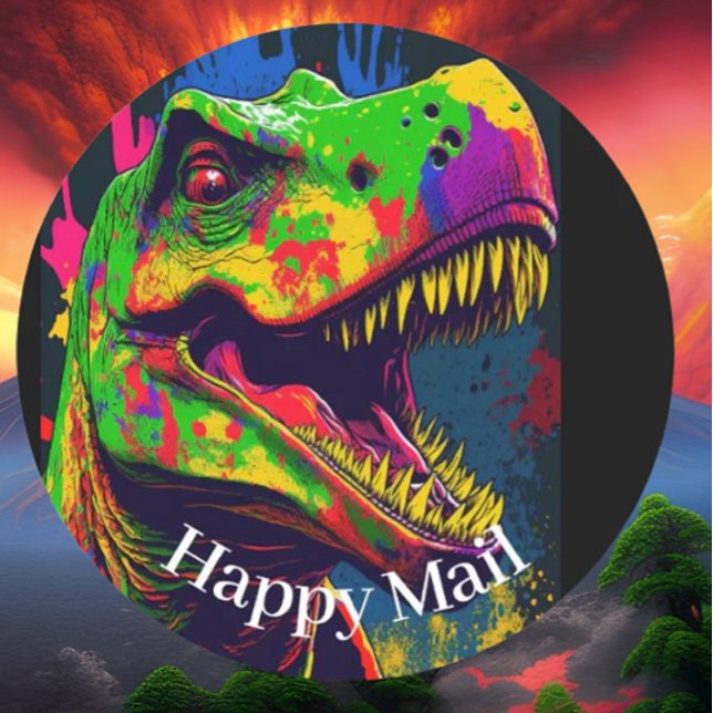 Dino Happy T- Rex Happy Mail Classic Round Sticker (Bring your dream party to life with our selection of quality Dinosaur themed party supplies )