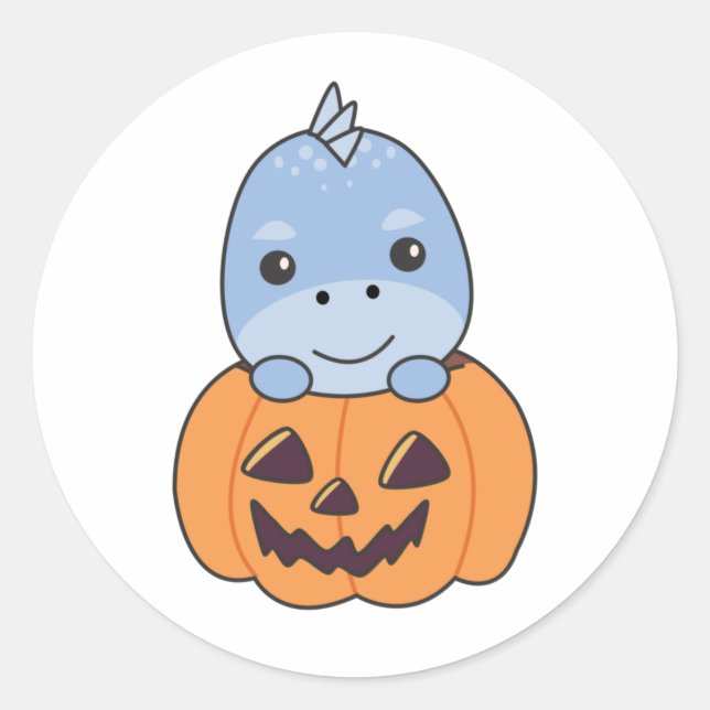 Dino In Pumpkin Sweet Dinos Happy Halloween Classic Round Sticker (Front)