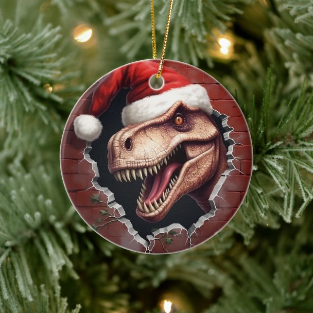 Dino in Santa Hat - 3D Ceramic Ornament (Tree)