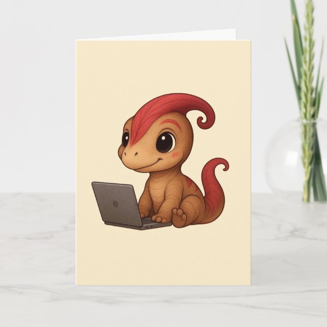 Dino Karte – Dino Kammli am Laptop Card (Front)