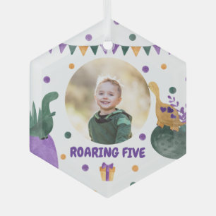 Dino Kid Party Roaring Green Purple Custom Photo Glass Tree Decoration