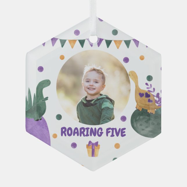 Dino Kid Party Roaring Green Purple Custom Photo  Glass Tree Decoration (Front)