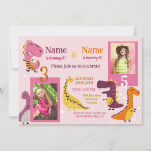 Dino Kids Birthday Girls Pink Photo Shared Party Invitation