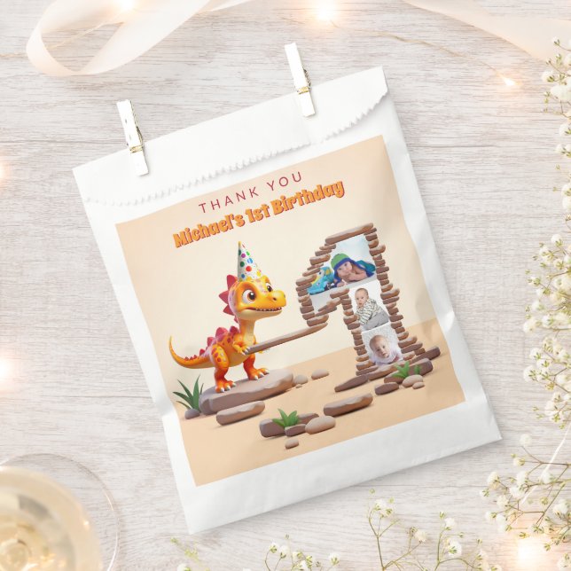 Dino Little Dragon | 1st Birthday Big Number Photo Favour Bag (Clipped)