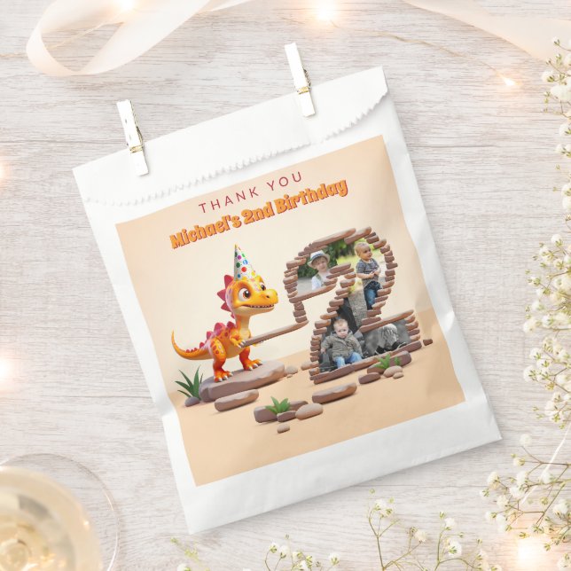 Dino Little Dragon | 2nd Birthday Big Number Photo Favour Bag (Clipped)