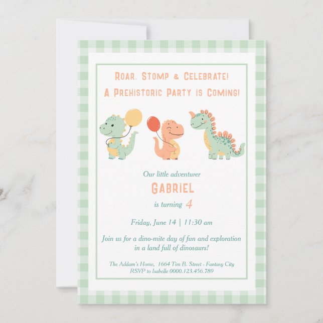 Dino-Mite Birthday Invitation – Roar, Stomp & Cele (Front)