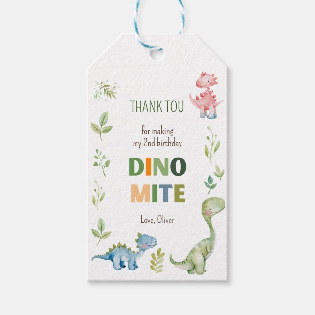Dino-mite green birthday  gift tags (Front)