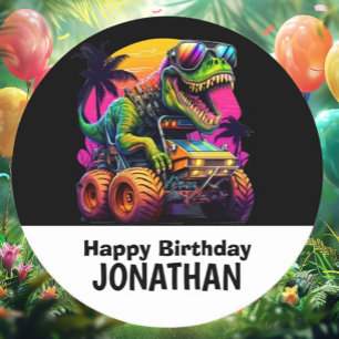 Dino-Mite Monster Truck Birthday Party Round Paper Coaster