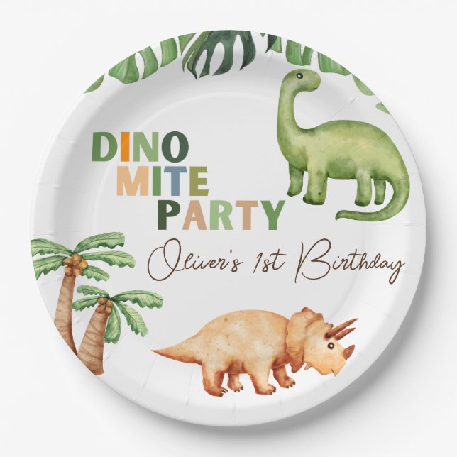 Dino-mite party 1st birthday  paper plate (Front)
