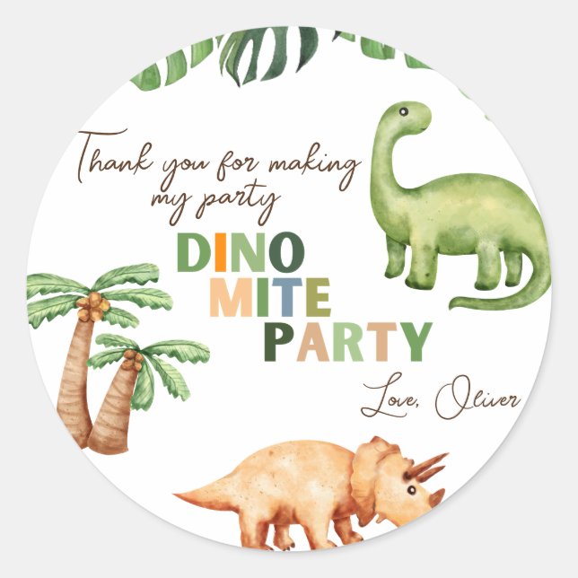 Dino-mite party kids birthday  classic round sticker (Front)