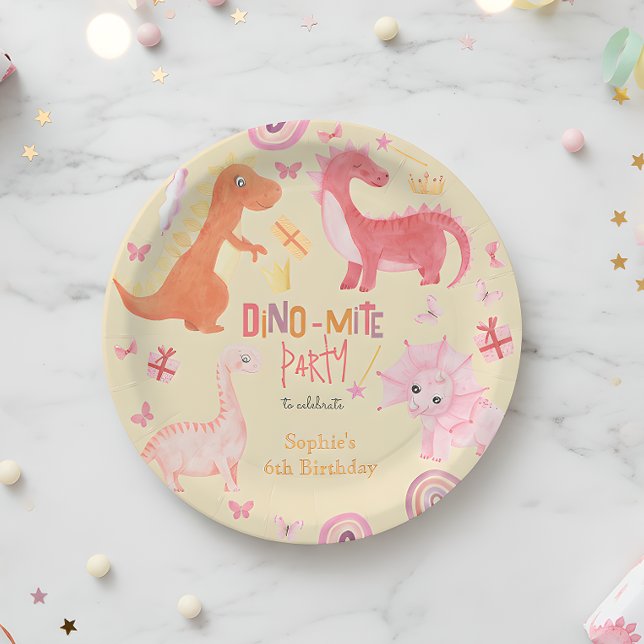 Dino-mite pink dino birthday party paper plate (Creator Uploaded)
