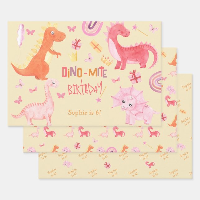 Dino-mite pink dino birthday party wrapping paper sheet (Set)