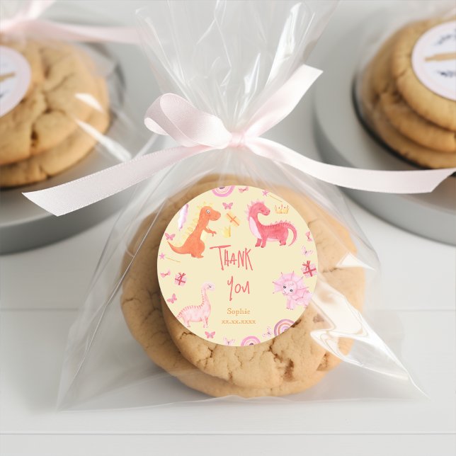 Dino-mite pink dino birthday thank you classic round sticker (Creator Uploaded)