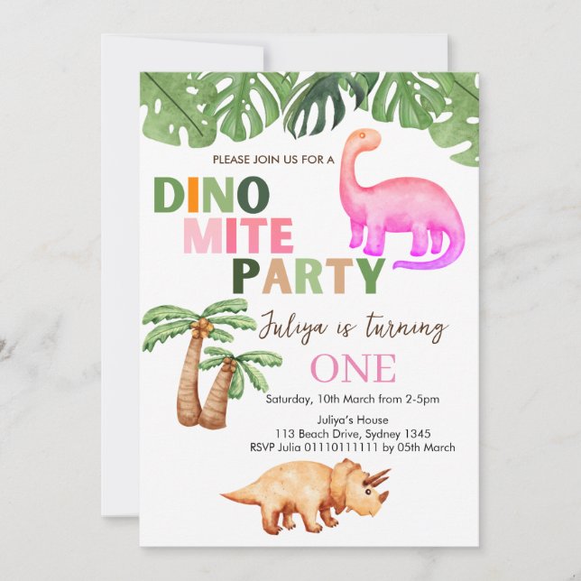 Dino-mite t-rex birthday party pink invitation (Front)