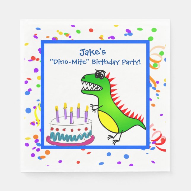 Dino-Mite Time Dinosaur and Cake Birthday Party Napkin (Front)