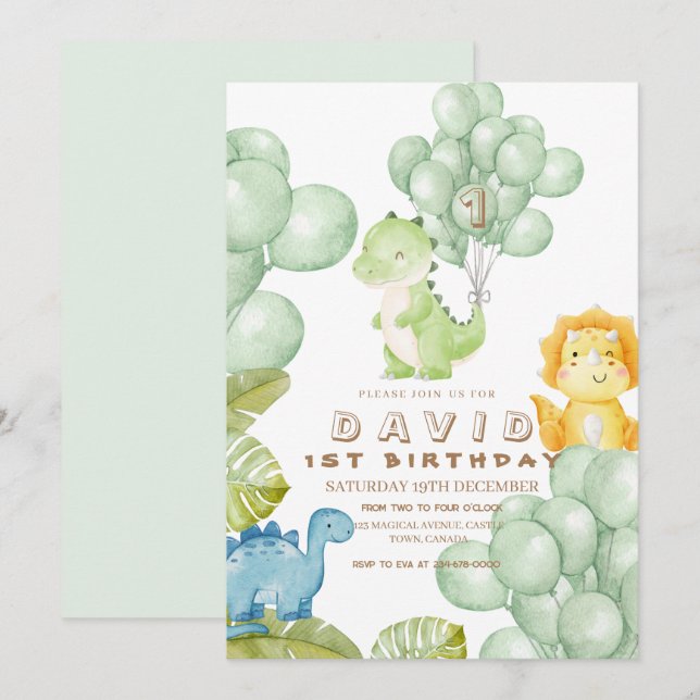  Dino Party 1st Birthday Watercolor Balloons Invitation (Front/Back)
