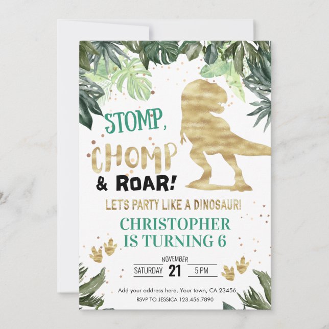Dino Party Boy Gold Dinosaur Birthday Invitation (Front)