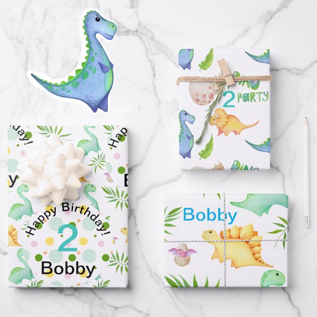 Dino Party Cute Dinosaur Birthday Boy Name & Age W Wrapping Paper Sheet (Creator Uploaded)