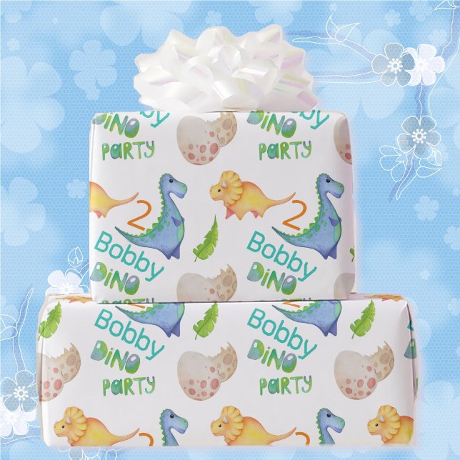 Dino Party Cute Dinosaur Birthday Boy Name & Age Wrapping Paper (Creator Uploaded)