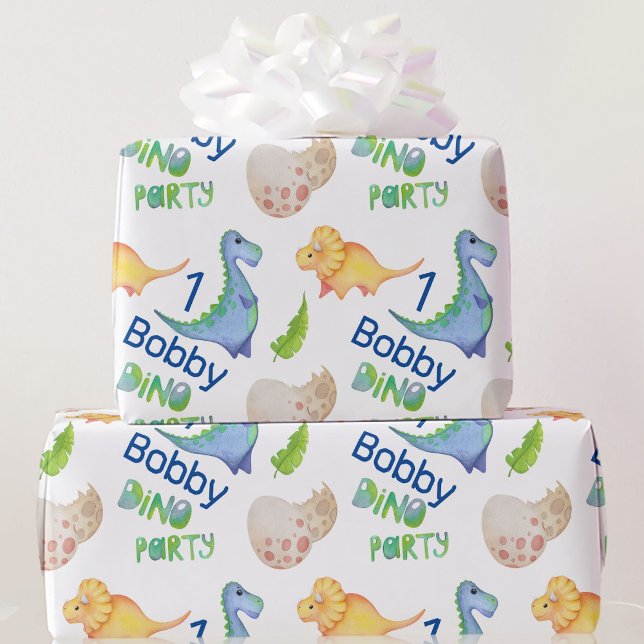 Dino Party Cute Dinosaur Birthday Boy Personalise Wrapping Paper (Creator Uploaded)
