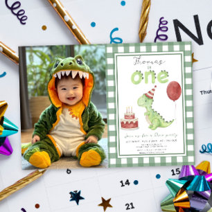 Dino Party   Cute Dinosaur First Birthday Invitation