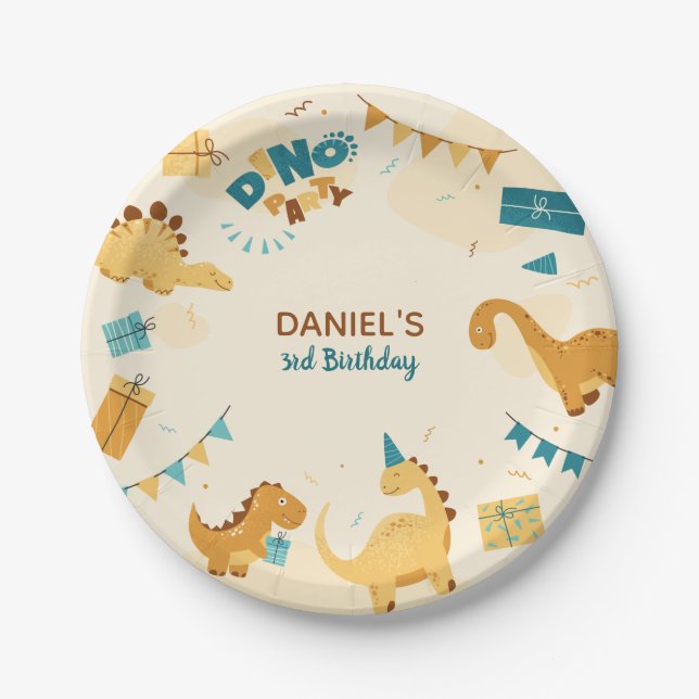 Dino Party. Cute Dinosaurs 3rd Birthday Paper Plate (Front)