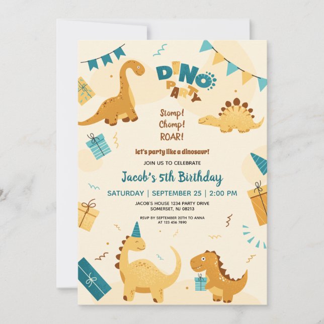 Dino Party. Cute Dinosaurs 5th Birthday Invitation (Front)