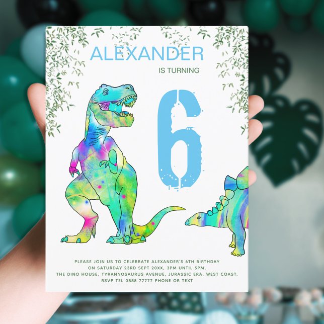 Dino Party Cute Dinosaurs 6th Birthday Invitation (T-Rex colorful dinosaurs 6th birthday party invitation blue nad green fun dino party)