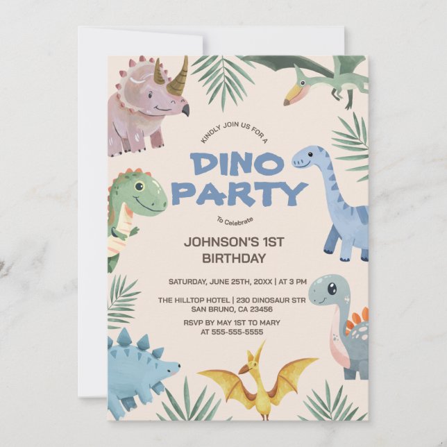 Dino Party | Cute Dinosaurs First Birthday Invitat Invitation (Front)