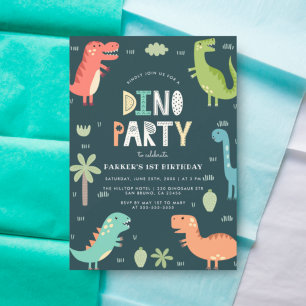 Dino Party   Cute Dinosaurs First Birthday Invitation