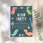 Dino Party | Cute Dinosaurs First Birthday Invitation<br><div class="desc">Celebrate your son's first birthday with our Dino Party invites! This cute birthday party design features a frame of colourful dinosaurs and your custom party details in modern typography against a blue background. The reverse side of the invites feature a pastel green colour. Personalise the first birthday party invites by...</div>