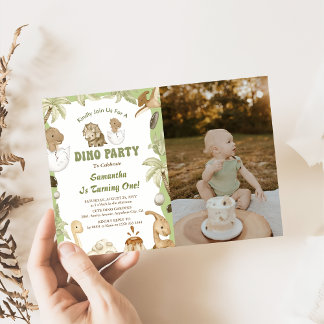 Dino Party | Cute Dinosaurs First Birthday Photo Invitation