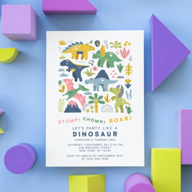 Dino Party Cute Modern Dinosaurs Second Birthday Invitation (Creator Uploaded)