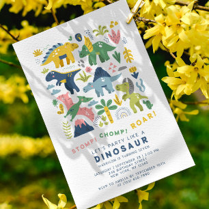 Dino Party Cute Modern Dinosaurs Seventh Birthday Invitation