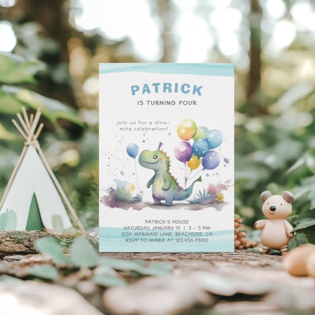 Dino Party Cute Watercolor Boy Blue Birthday Invitation (Creator Uploaded)