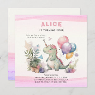 Dino Party Cute Watercolor Girl Pink Birthday Invitation