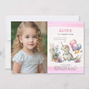 Dino Party Cute Watercolor Girl Pink Birthday Invitation
