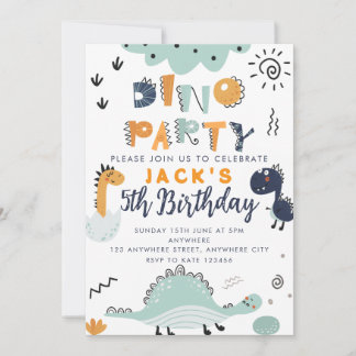 Dino Party Kids 5th Birthday Party Invitation