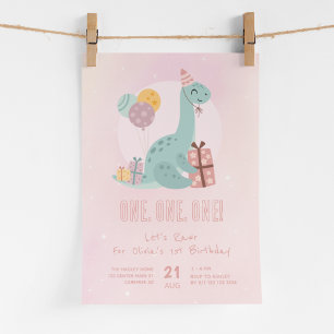 Dino Party Rawr Pink 1st Birthday Invitation