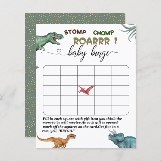 Dino Party stomp chomp roar baby shower bingo game (Front/Back)