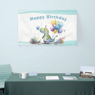 Dino Party Watercolor Boy Blue Birthday Banner