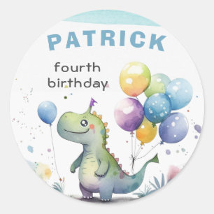 Dino Party Watercolor Boy Blue Square Birthday Classic Round Sticker