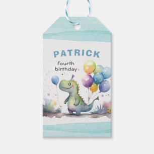 Dino Party Watercolor Boy Blue Square Birthday Gift Tags