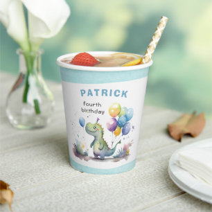 Dino Party Watercolor Boy Blue Square Birthday Paper Cups