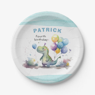 Dino Party Watercolor Boy Blue Square Birthday Paper Plate