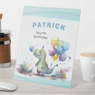 Dino Party Watercolor Boy Blue Square Birthday Pedestal Sign