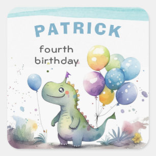 Dino Party Watercolor Boy Blue Square Birthday Sticker