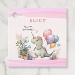 Dino Party Watercolor Girl Pink Birthday Favour Tags