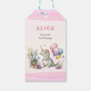 Dino Party Watercolor Girl Pink Birthday Gift Tags